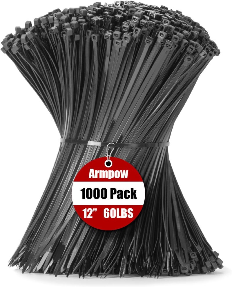 RAMPOW 12 Inch Zip Ties Black 1000 PCS, 60 Lbs- Heavy Duty Tensile Strength, Nylon PA66 UV Resistant Cable Ties for Indoor and Outdoor Use - Ideal for object bundling and fastening - Image 1